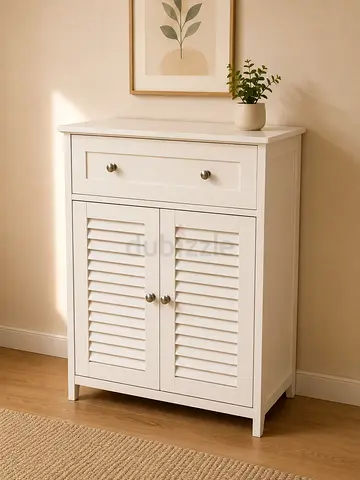 White Storage Cabinet with Drawer and Shutter Doors