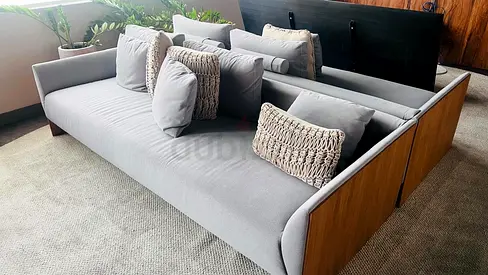 Modern Grey Fabric Sofa with Wooden Frame - Good Condition