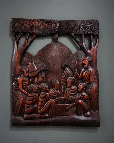 Hand-Carved Wooden Panel Depicting Traditional Village Scene 50/40cm