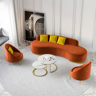 Modern Curved Orange Sofa Set with Accent Chairs