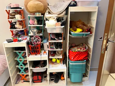IKEA plastic storage shelving units and bins - assorted organizers, used