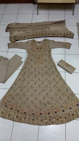 Beige Embroidered Anarkali Dress with Dupatta and Pants - Size Approx M