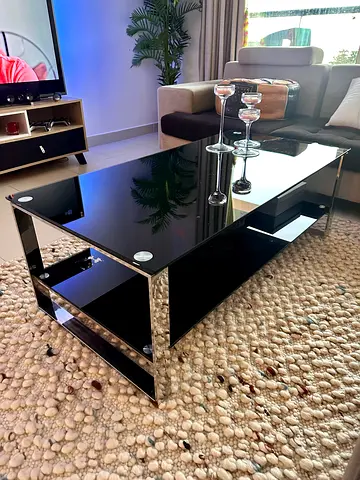 Modern Black Glass Coffee Table with Chrome Frame