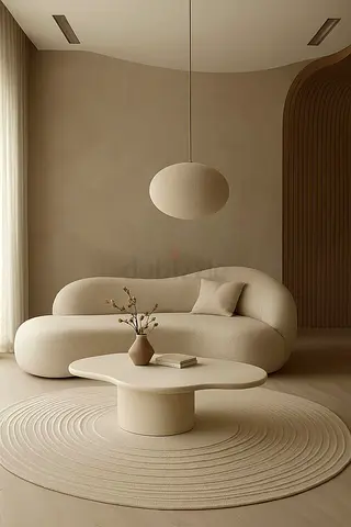 Modern Curved Sofa with Matching Round Rug - Neutral Beige