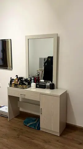 Light Wood Dressing Table with Mirror and Storage Cabinet