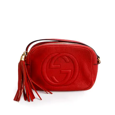 Authentic Gucci Red Pebbled Calfskin Leather Small Soho Disco Bag