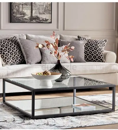 Modern Glass Top Coffee Table with Black Metal Frame