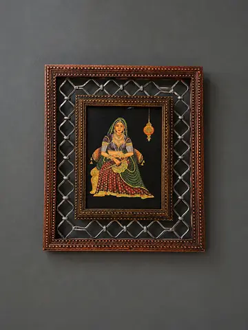 Framed Traditional Indian Miniature Painting in Ornate Wooden Frame