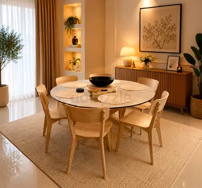 Modern Round Dining Table with Six Wooden Chairs