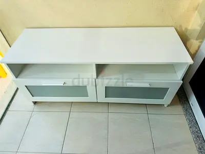 White TV Stand / Entertainment Unit with Glass Drawer Fronts