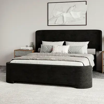 Curved head  footboard king size black velvet bed