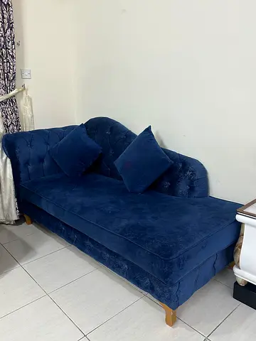 Navy Blue Velvet Chaise Lounge Sofa - Good Condition