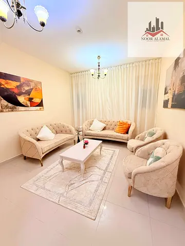 Sharjah, Al Taawun: Fully furnished apartment with hotel-style interiors. It features two bedrooms (including a master bedroom), a living room, a kitc