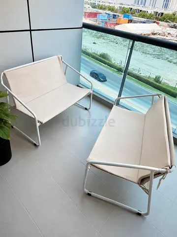 Set of 2 Beige Outdoor Lounge Chairs with Metal Frame