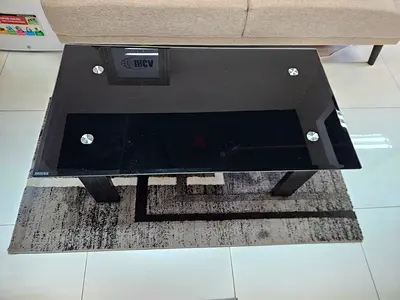 Black Glass Coffee Table with Metal Accents — Good Condition