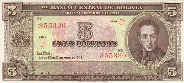 BOLIVIA 5 BOLIVIANOS BANKNOTE 1945