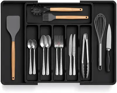 Expandable Cutlery (spoons, knives, forks)  Drawer Organizer Tray - Black