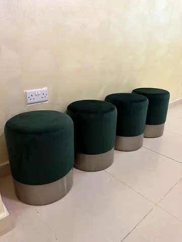 Set of 4 Round Velvet Ottoman Stools - Dark Green with Beige Base