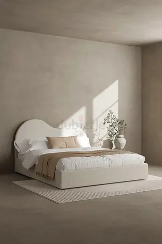 Upholstered Double Bed with Curved Headboard - Cream