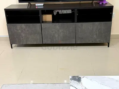 Modern Low TV Unit / Entertainment Cabinet - Grey Concrete Finish