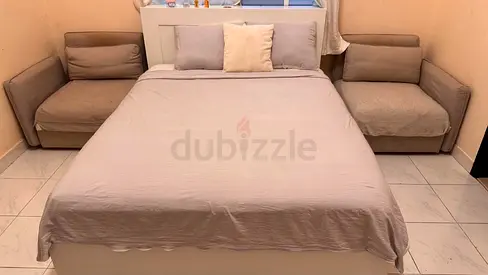 Queen bed with mattress and storage + two matching single sofas (used) - neutral gray