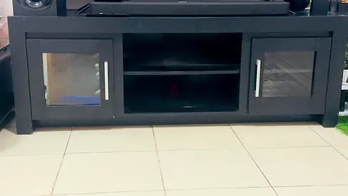 Black Wooden TV Stand with Glass Doors and Shelves