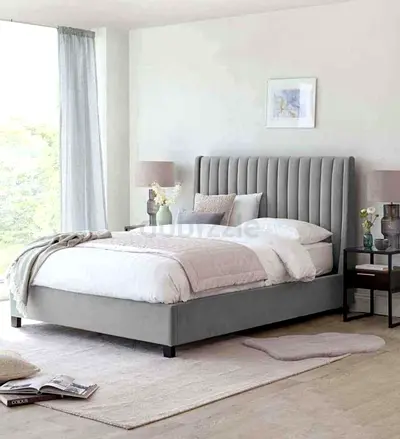 Modern Grey Upholstered Bed with Channel Tufted Headboard