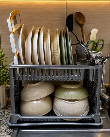 Two-Tier Plastic Dish Drying Rack with Drip Tray