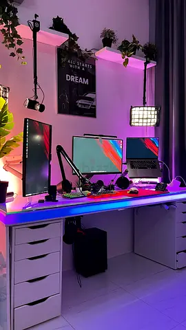 RGB Glass top desk - w/ 3 monitor arms
