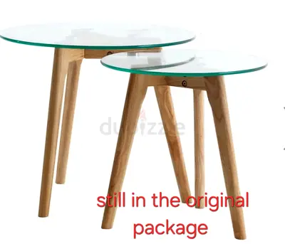 Set of 2 Modern Round Glass Top Side Tables with Wooden Legs