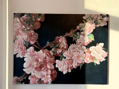 Original Floral Painting of Pink Blossoms on Dark Background