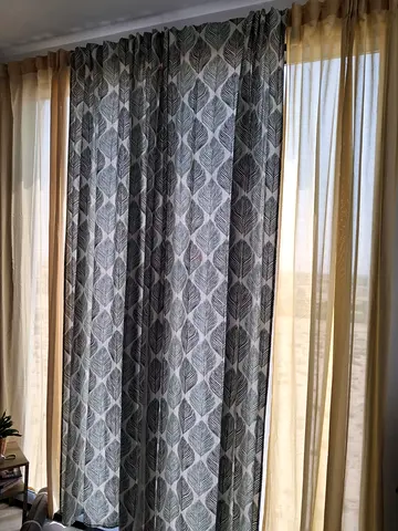 Pair of Full-Length Green Leaf-Pattern Curtains with a pair of Yellow Light-filtering Panels