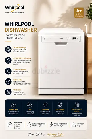 Whirlpool freestanding dishwasher - white, A+ energy efficiency