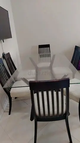 Glass Top Dining Table with 6 Wooden Chairs - Dark Wood