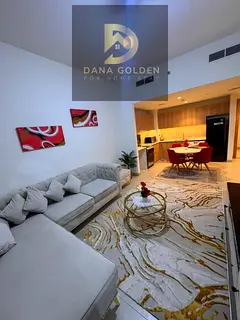 Fully furnished one-bedroom apartment with balcony, pool, and internet access.