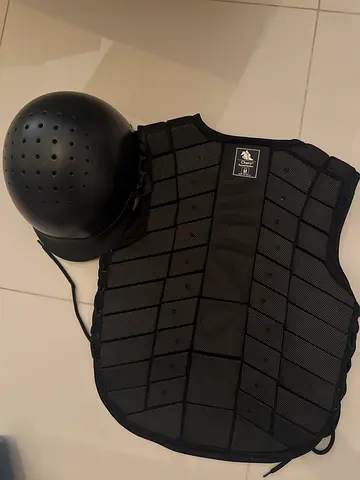 Equestrian protective body protector vest and riding helmet - used