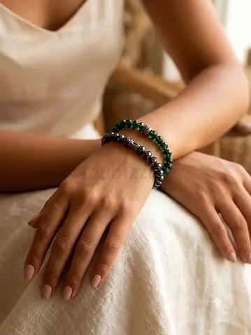 Set of Two Beaded Bracelets — Green Crystal and Hematite