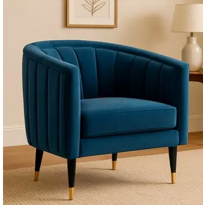 Blue Velvet Barrel Accent Chair - Modern Lounge Armchair
