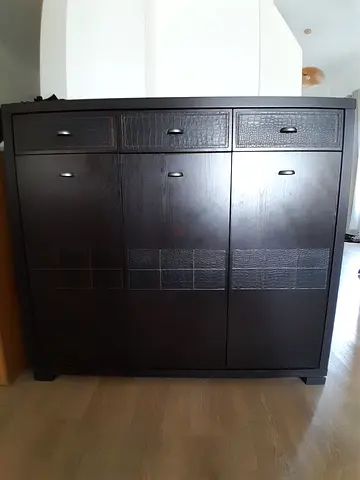 Dark wood 3-door shoe cabinet with 3 top drawers - excellent condition