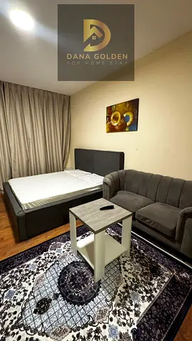 Furnished studio apartment available from today, hotel-style furnishings, first occupancy, overlooking Al Safiya Park.