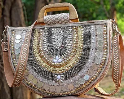 Boho Embroidered Half-Moon Handbag with Wooden Handle and Detachable Strap