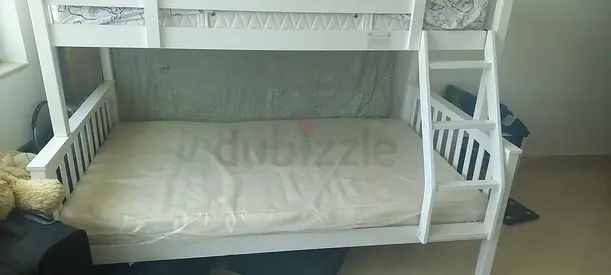 White wooden bunk bed with mattress - good condition