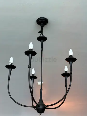 6-Arm Black Metal Chandelier Light Fixture - Good Condition
