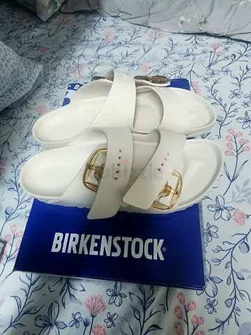 Off White Birkenstock-style Slide Sandals with Gold Buckles, Size 39 EU unwanted gift for me
