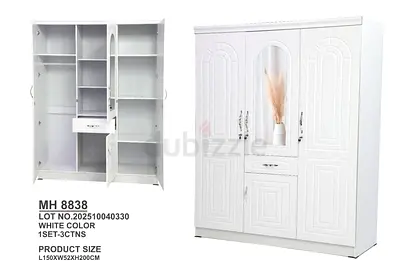 White 3-Door Wardrobe with Mirror and Drawers - Good Condition
