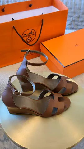 Used brown leather womens wedge sandals with ankle strap