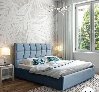 Modern Blue Upholstered Bed with Tufted Headboard