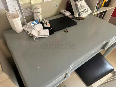 Grey glossy study desk with stool — good condition
