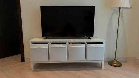 IKEA KALLAX TV Bench / Sideboard with Legs  4 Storage Boxes – Used but Very Good Condition