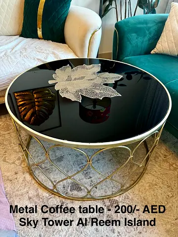 Round Metal Coffee Table with Black Glass Top - Good Condition